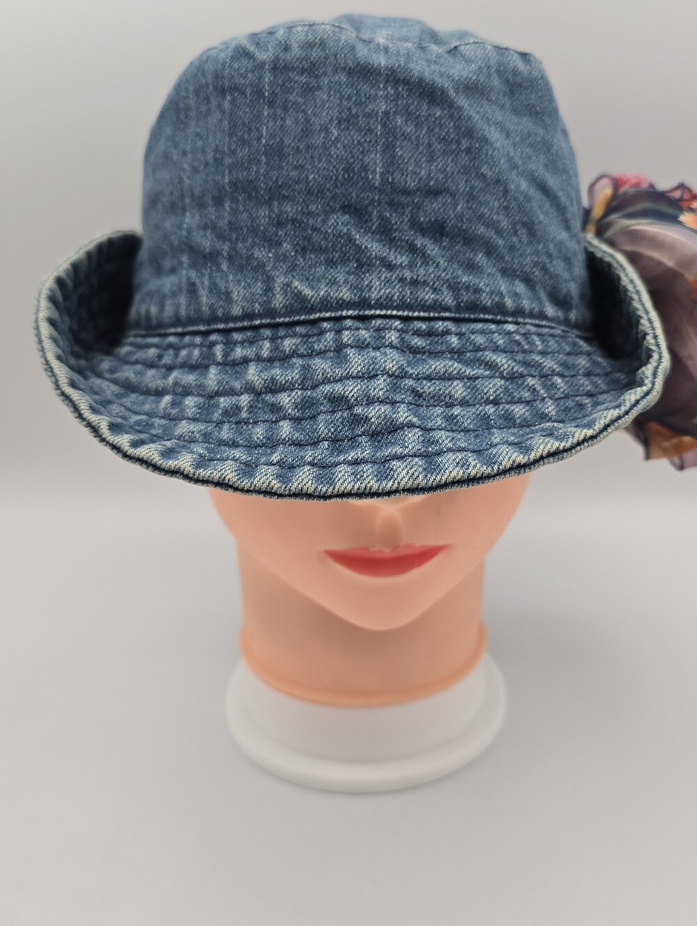 Women's Blue Denim Floral Bow Accent 100% Cotton Bucket Hat Size S